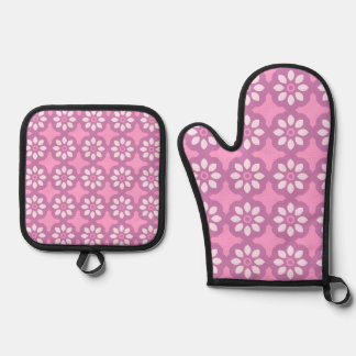 Ensemble De Gant De Cuisine Et De Manique Pink Blossom Retro Tile Pattern