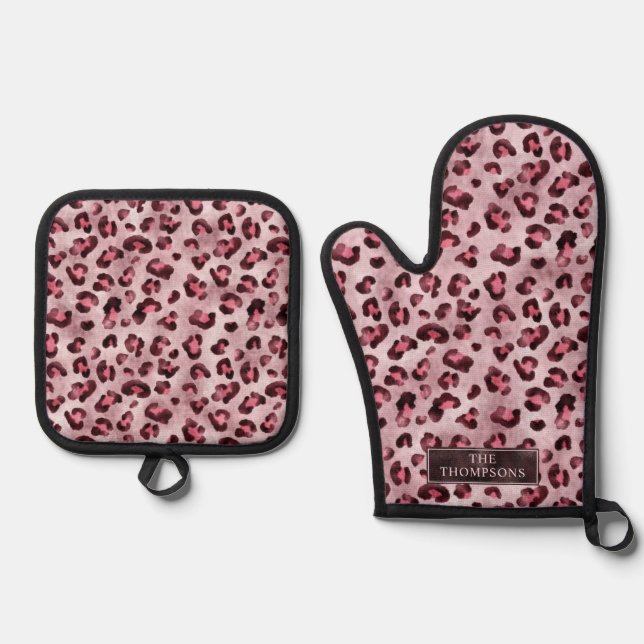 Ensemble De Gant De Cuisine Et De Manique Pink Leopard Animal Print With Faux Foil And Name (Recto)