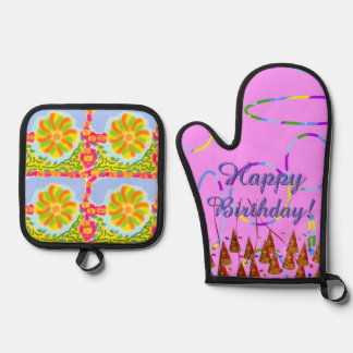 Ensemble De Gant De Cuisine Et De Manique Pink Loops Festive Joyeux anniversaire