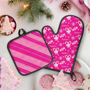 Ensemble De Gant De Cuisine Et De Manique Pink Peppermenthe Snowflakes Sucre de canne Nom de