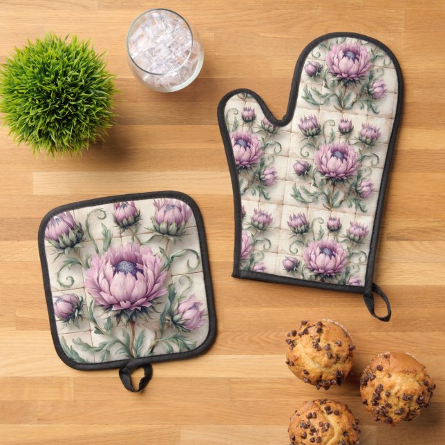 Ensemble De Gant De Cuisine Et De Manique Pink Thistle Flowers Ceramic Tile (De haut en bas)