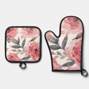 Ensemble De Gant De Cuisine Et De Manique Pivoines roses aquarelle florale botanique peinte