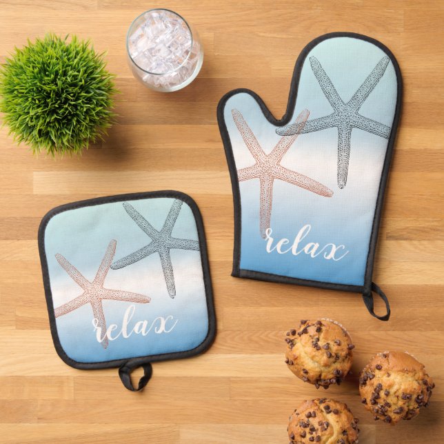 Ensemble De Gant De Cuisine Et De Manique Plage Orange Blue Starfish Relax (De haut en bas)