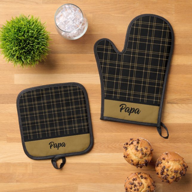 Ensemble De Gant De Cuisine Et De Manique Plaid noir et or (De haut en bas)