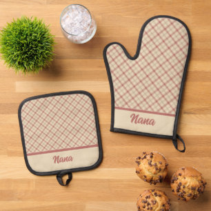 Ensemble De Gant De Cuisine Et De Manique Plaid rose et bordeaux