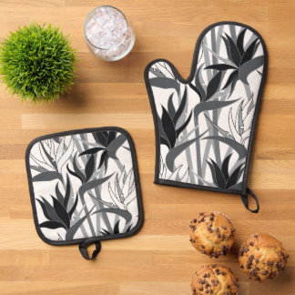 Ensemble De Gant De Cuisine Et De Manique Plante Strelitzia G634 à motifs floraux sans coutu