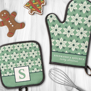 Ensemble De Gant De Cuisine Et De Manique Poinsettia blanche sur monogramme floral vert