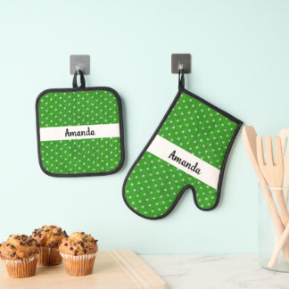 Ensemble De Gant De Cuisine Et De Manique Pointe Polka verte et blanche personnalisée