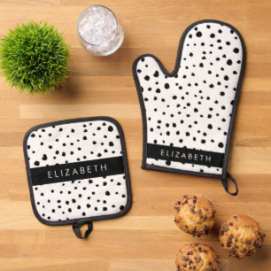 Ensemble De Gant De Cuisine Et De Manique Points dalmatiens, Spots, Noir et Blanc, Votre nom