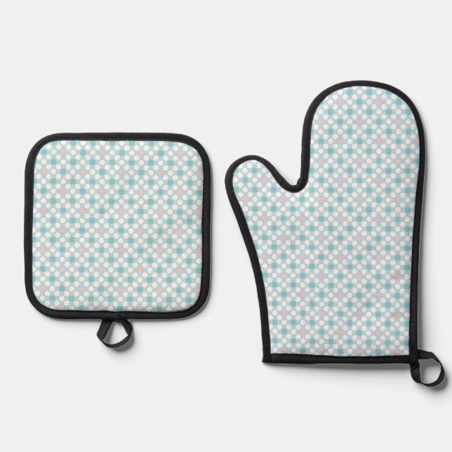Ensemble De Gant De Cuisine Et De Manique Points polka blanc rose bleu rétro (Recto)