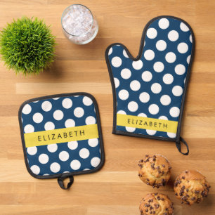 Ensemble De Gant De Cuisine Et De Manique Pois Bleus de la Marine, Motif Pot Polka, Votre No