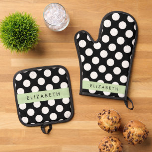 Ensemble De Gant De Cuisine Et De Manique Pois noirs et blancs, pointillés, Votre nom