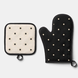 Ensemble De Gant De Cuisine Et De Manique Pois noirs et ivoire, impression mixte