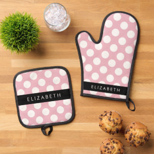 Ensemble De Gant De Cuisine Et De Manique Pois roses, Motif Pointe Polka, Votre Nom