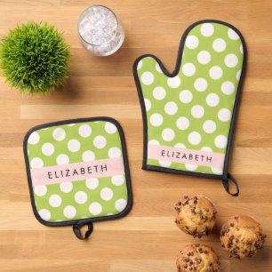 Ensemble De Gant De Cuisine Et De Manique Pois verts, Motif Pointe Polka, Votre Nom
