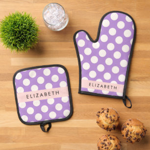 Ensemble De Gant De Cuisine Et De Manique Pois violets, Motif Pointe Polka, Votre Nom