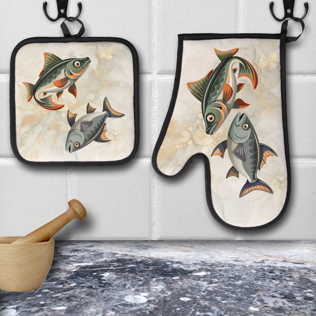 Ensemble De Gant De Cuisine Et De Manique Poisson de la mer Nautique (Cute oven mitt and pot holder set featuring fishes - seafood - beach house - chef )