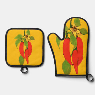 Ensemble De Gant De Cuisine Et De Manique Poivrons rouges sur la vigne