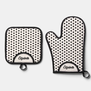 Ensemble De Gant De Cuisine Et De Manique Polka blanc noir personnalisé point rétro