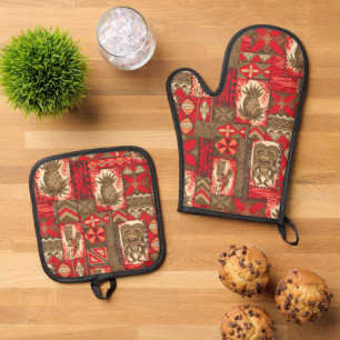 Ensemble De Gant De Cuisine Et De Manique Pomaika’i Tiki Hawaïen Vintage Tapa Rouge
