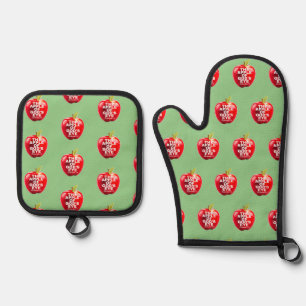 Ensemble De Gant De Cuisine Et De Manique Pomme de l'oeil de Dieu Rouge et Olive