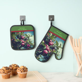 Ensemble De Gant De Cuisine Et De Manique Pommes Rouges Sur L'Arbre Pays Personnalisé