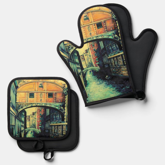 Ensemble De Gant De Cuisine Et De Manique Ponte dei Sospiri (Recto/Verso)
