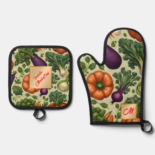 Ensemble De Gant De Cuisine Et De Manique Populaire Légumes heureux Collection d'aliments sa (Recto)