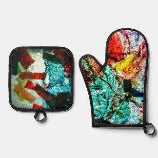 Ensemble De Gant De Cuisine Et De Manique Porte-pot abstrait bleu et mitt de four, Joyeux bl