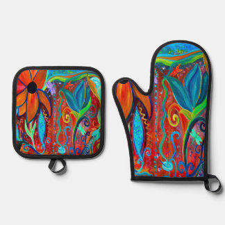 Ensemble De Gant De Cuisine Et De Manique Porte-pot et mitaines abstraits floraux colorés