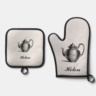 Ensemble De Gant De Cuisine Et De Manique Pot De Thé Antique Avec Nom