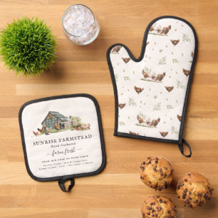 Ensemble De Gant De Cuisine Et De Manique Poulet de Ferme Rustique   Monogramme du Nom de Fa