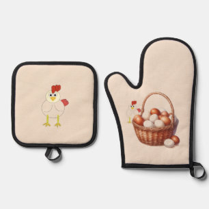 Ensemble De Gant De Cuisine Et De Manique Poulet et œufs de style campagnard