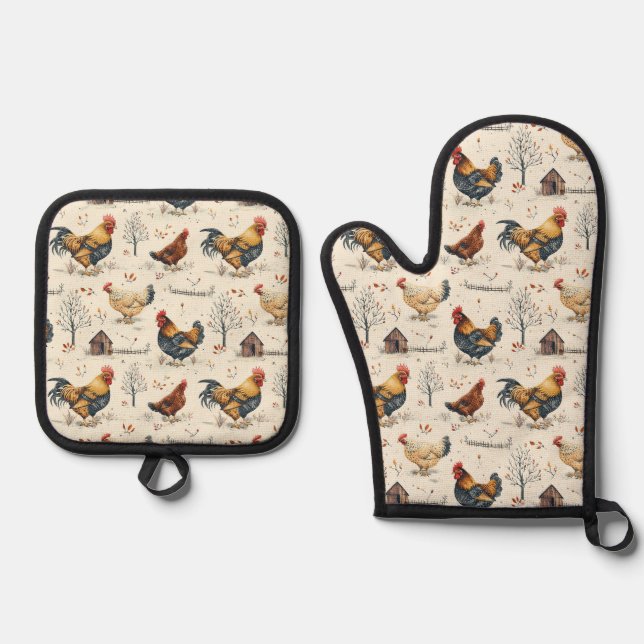 Ensemble De Gant De Cuisine Et De Manique Poulets d'élevage mignons (Recto)
