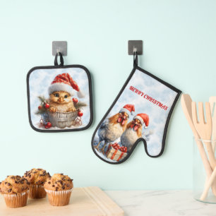 Ensemble De Gant De Cuisine Et De Manique Poussins De Noël Habillés En Rouge