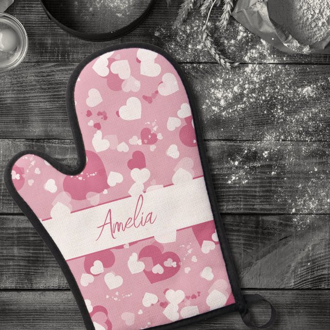 Ensemble De Gant De Cuisine Et De Manique Pretty Pink Love Heart Personalized (Créateur téléchargé)