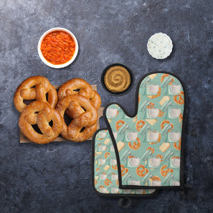 Ensemble De Gant De Cuisine Et De Manique Pretzels, pain et mélangeurs vert-bleu