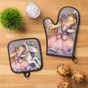 Ensemble De Gant De Cuisine Et De Manique Princesse Licorne Pastel Féérique Fantastique Lava