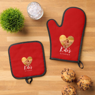 Ensemble De Gant De Cuisine Et De Manique Propre Photo Red Heart Frame Moderne Calligraphie