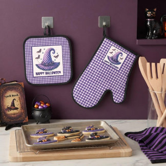 Ensemble De Gant De Cuisine Et De Manique Purple Gingham Halloween Witch Hat and Bats