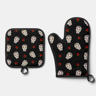 Ensemble De Gant De Cuisine Et De Manique RAB Rockabilly Crânes de Sucre Roses sur Fond Noir