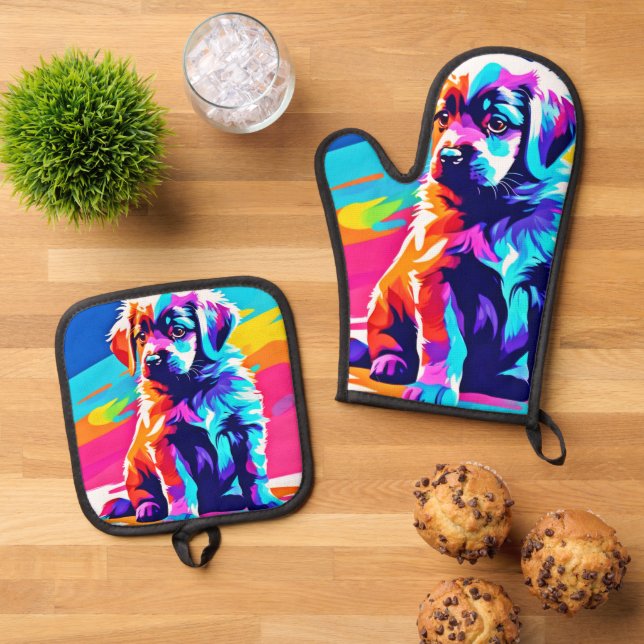 Ensemble De Gant De Cuisine Et De Manique Rainbow Hug Dog Art (De haut en bas)