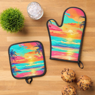 Ensemble De Gant De Cuisine Et De Manique Rainbow Sunset Beach