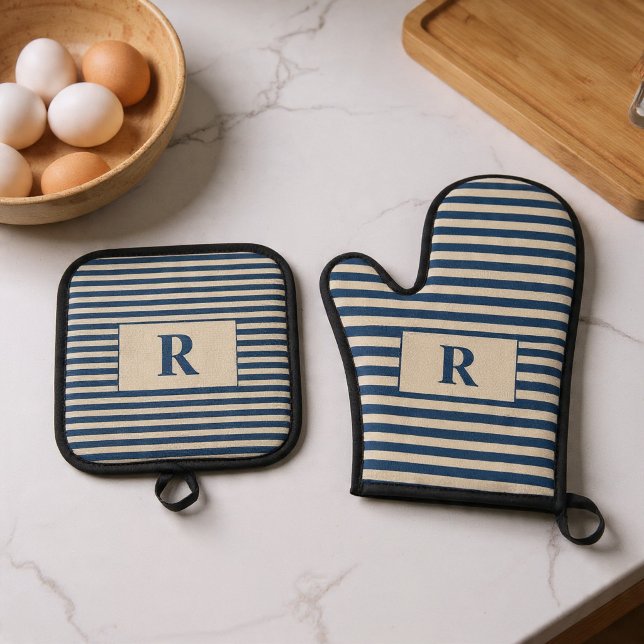 Ensemble De Gant De Cuisine Et De Manique Rayures Bue/Vanilla Monogrammées (Créateur téléchargé)