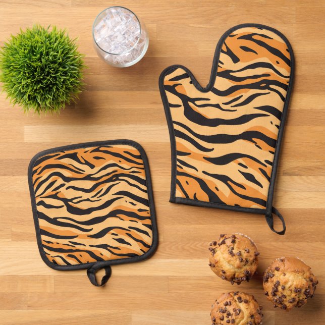 Ensemble De Gant De Cuisine Et De Manique Rayures de tigre (De haut en bas)