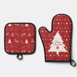 Ensemble De Gant De Cuisine Et De Manique Red and withe Christmas Oven Mitt and Pot Holders