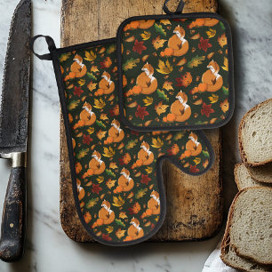 Ensemble De Gant De Cuisine Et De Manique Renard roux Feuilles d'automne Glands Motif vert