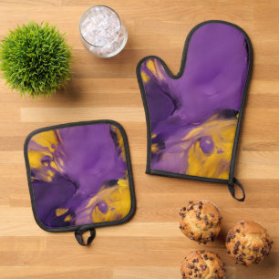 Ensemble De Gant De Cuisine Et De Manique Résumé abstrait violet et or