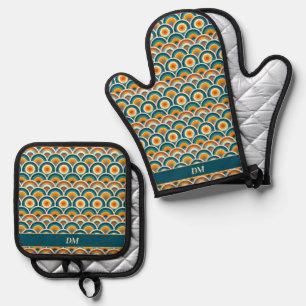 Ensemble De Gant De Cuisine Et De Manique Retro Boho Orange Blue Sun Motif Monogramme