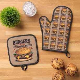 Ensemble De Gant De Cuisine Et De Manique Retro Burger Lover Typographie Vintage Art aliment
